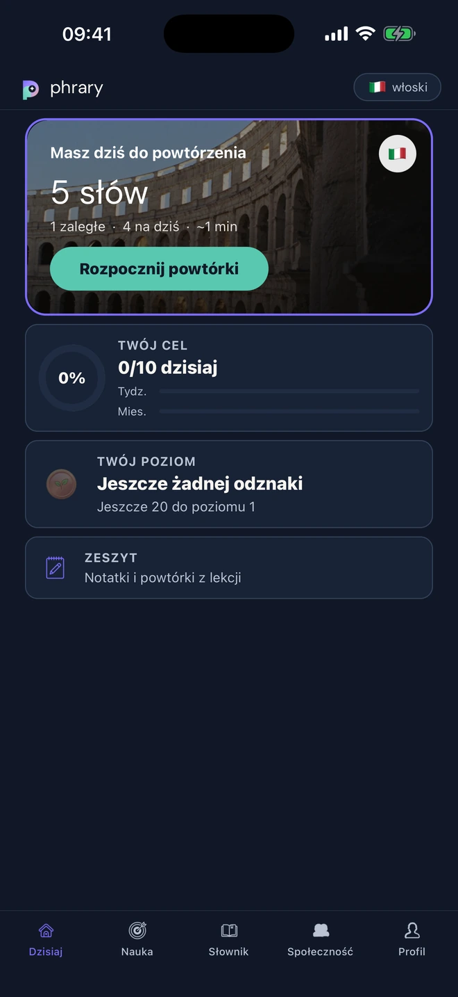 Ekran Dzisiaj w aplikacji phrary z pięcioma słowami do powtórki